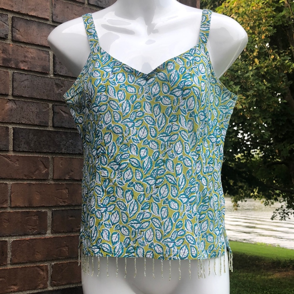 Women's Blue & Green Leaf Print Beaded-Hem Cami Top